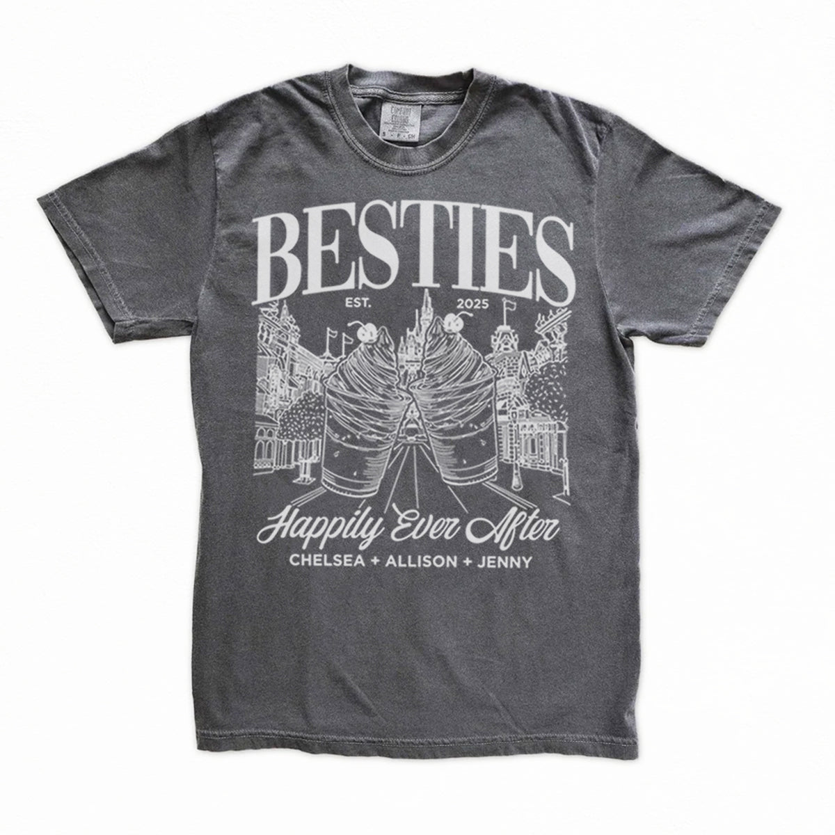 Gray bachelorette t-shirt with 'BESTIES' design and text on a white background