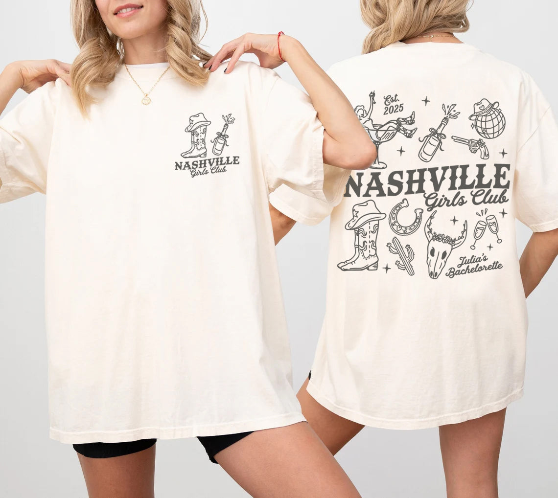 Two people wearing white t-shirts with 'Nashville Girls Club' bachelorette designs on a plain background