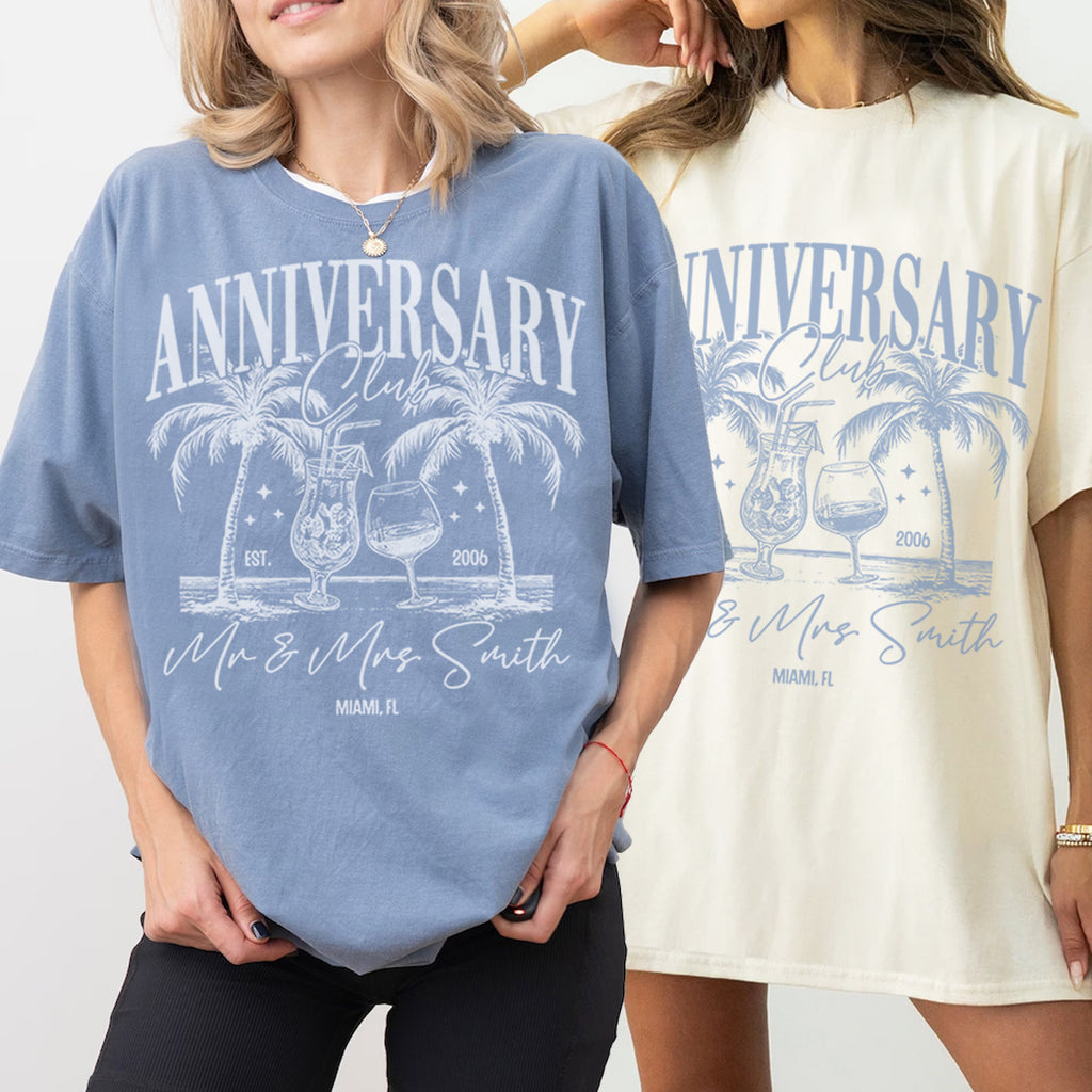 Two people wearing bachelorette t-shirts with 'Anniversary Club' design and text.