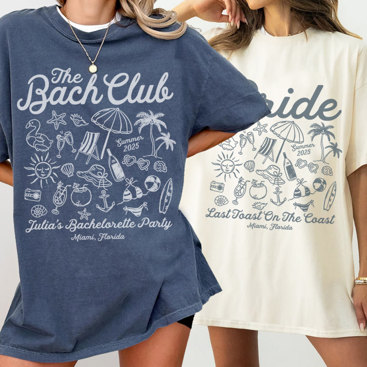 Two bachelorette shirts with beach-themed designs and text, one blue and one white.