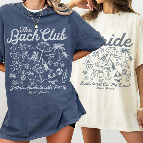 Two bachelorette shirts with beach-themed designs and text, one blue and one white.