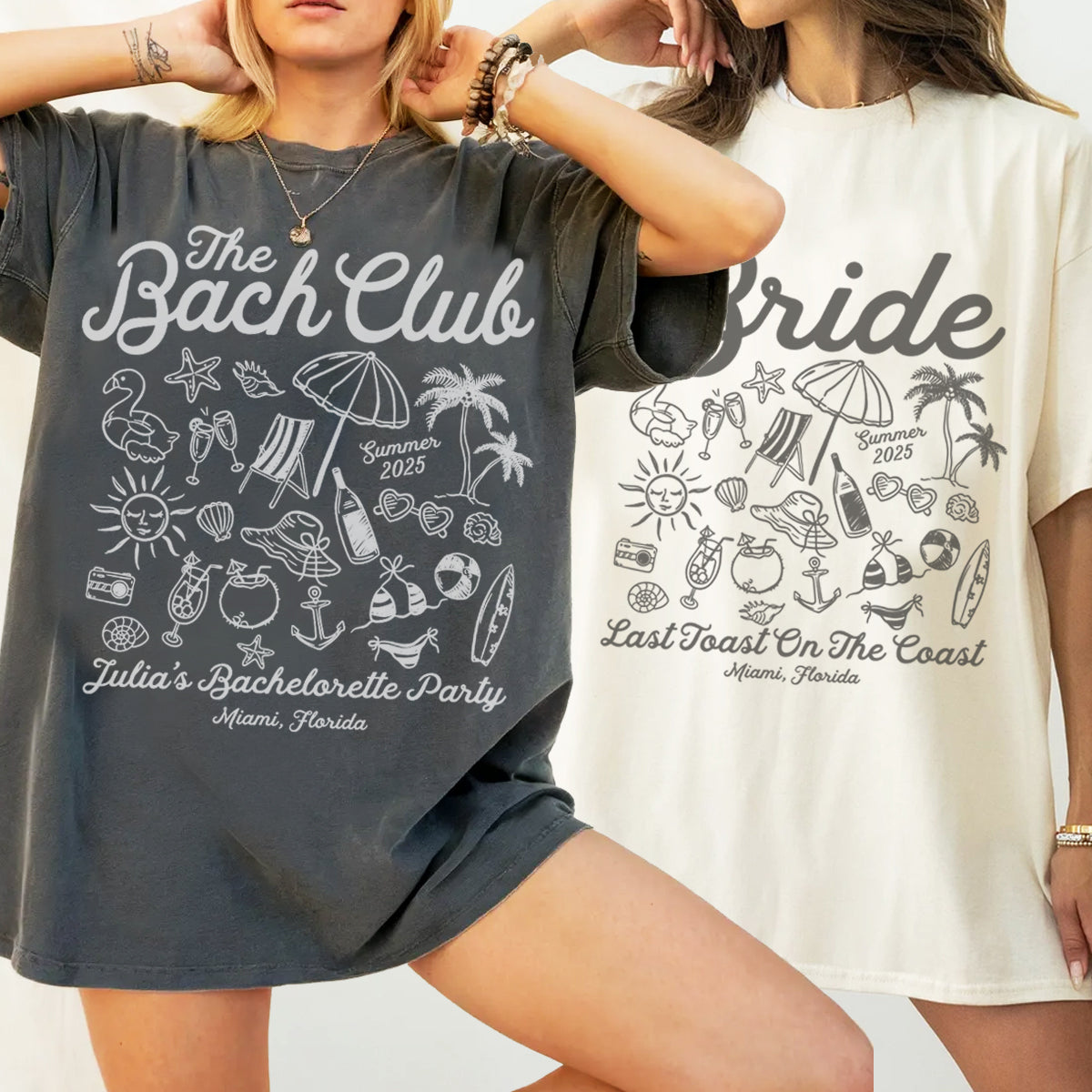 Two women wearing bachelorette t-shirts with beach-themed designs and text.