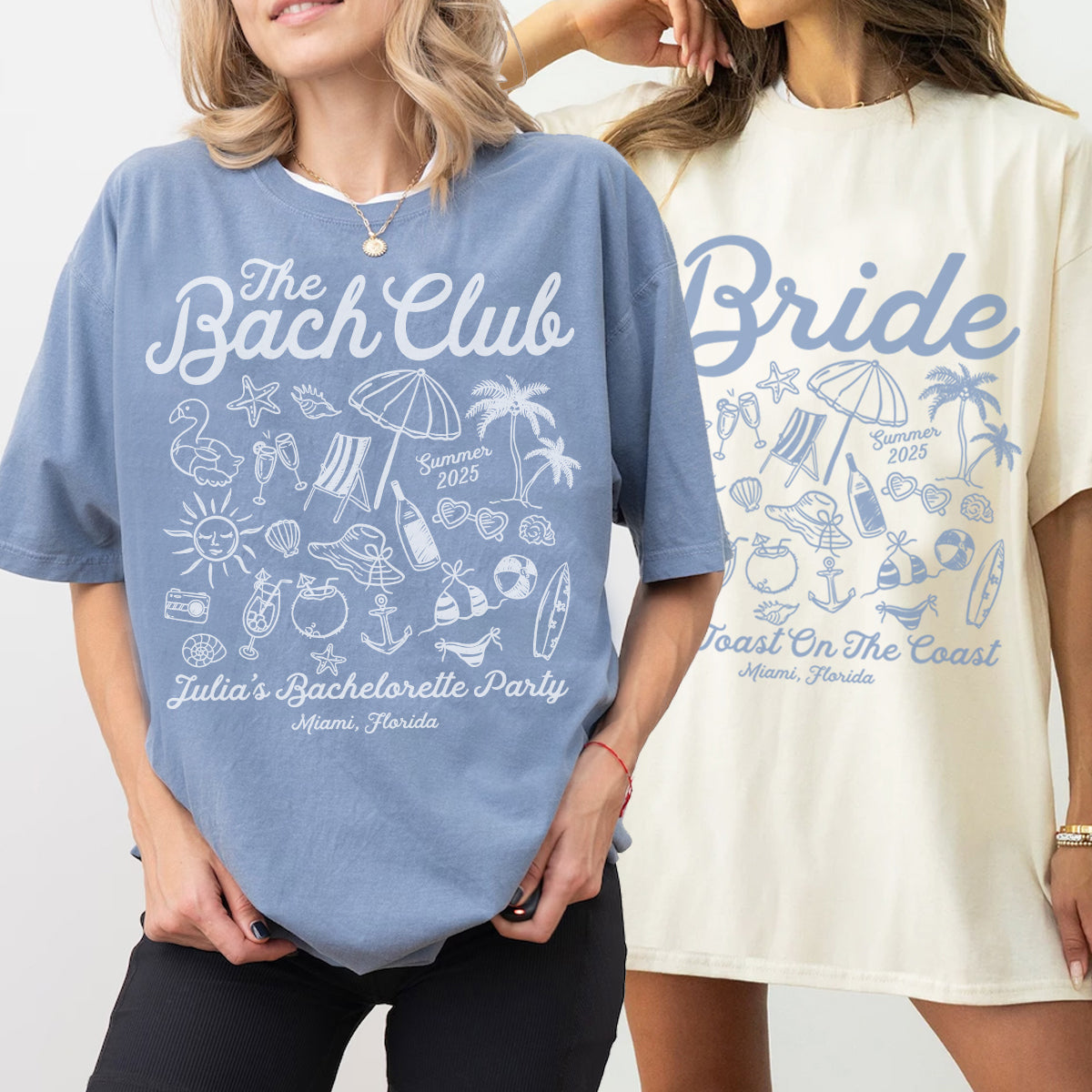 Two people wearing bachelorette t-shirts with beach-themed designs and text.
