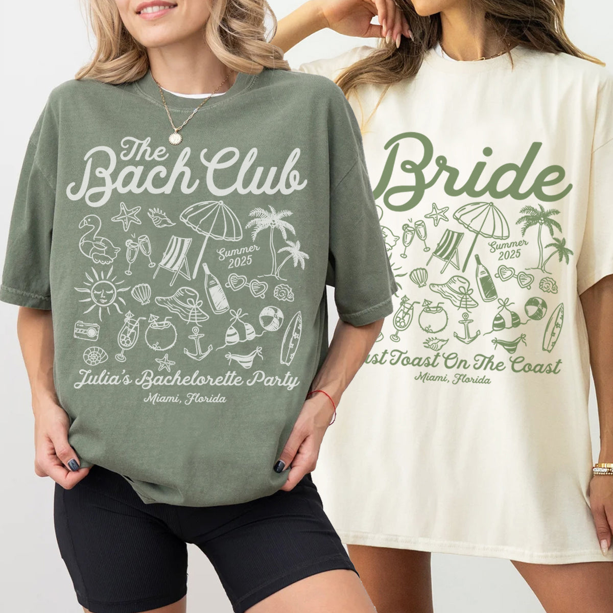 Two people wearing bachelorette t-shirts with beach-themed designs and text.