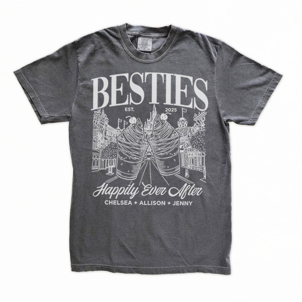 Gray bachelorette t-shirt with 'BESTIES' design and text on a white background