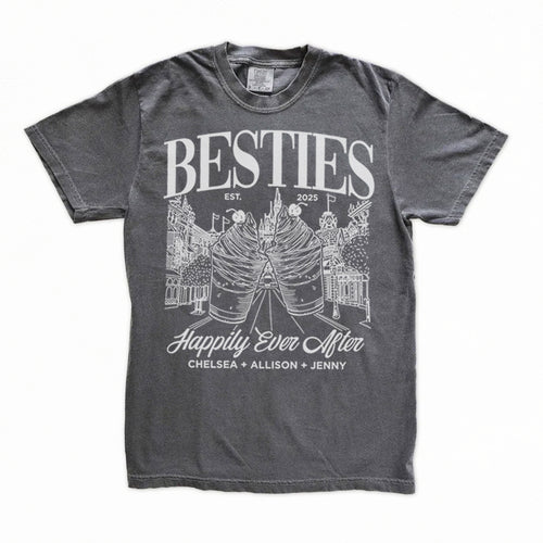 Gray bachelorette t-shirt with 'BESTIES' design and text on a white background