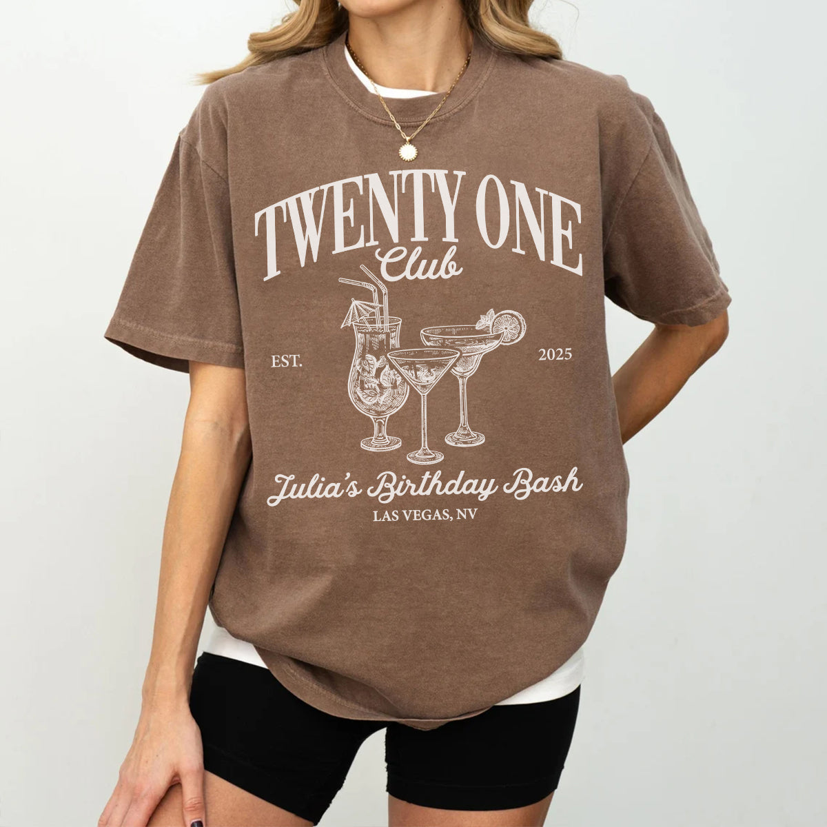 Person wearing a brown bachelorette t-shirt with 'Twenty One Club' design and text.