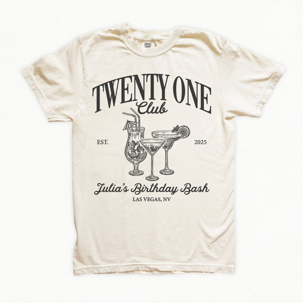 Beige bachelorette t-shirt with 'Twenty One Club' design featuring cocktails and text on a white background