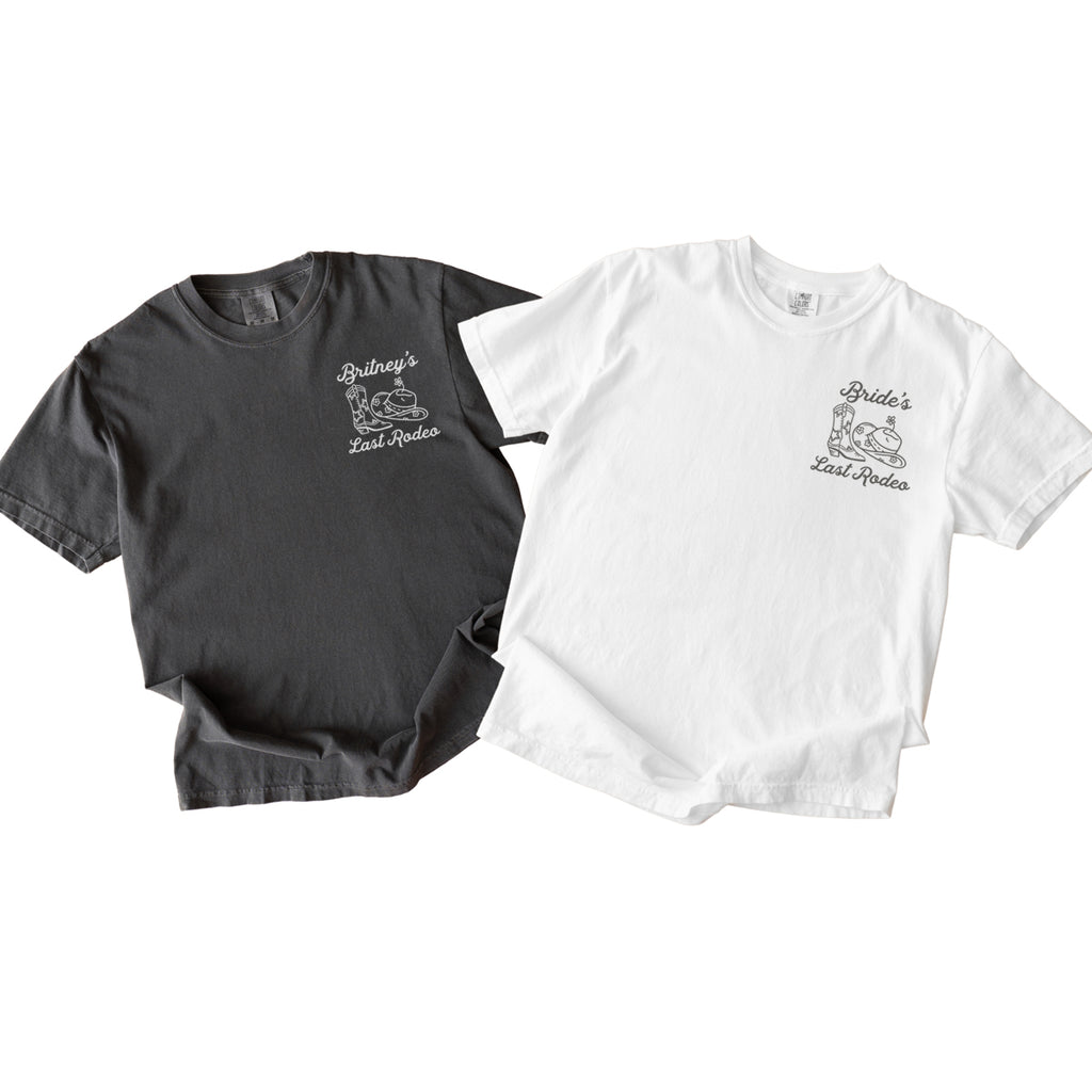 Gray and white bachelorette t-shirts with 'Bride's Last Ride' text and graphic on a white background