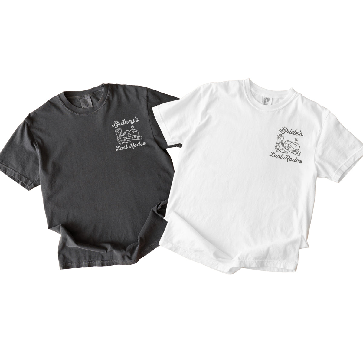 Gray and white bachelorette t-shirts with 'Bride's Last Ride' text and graphic on a white background