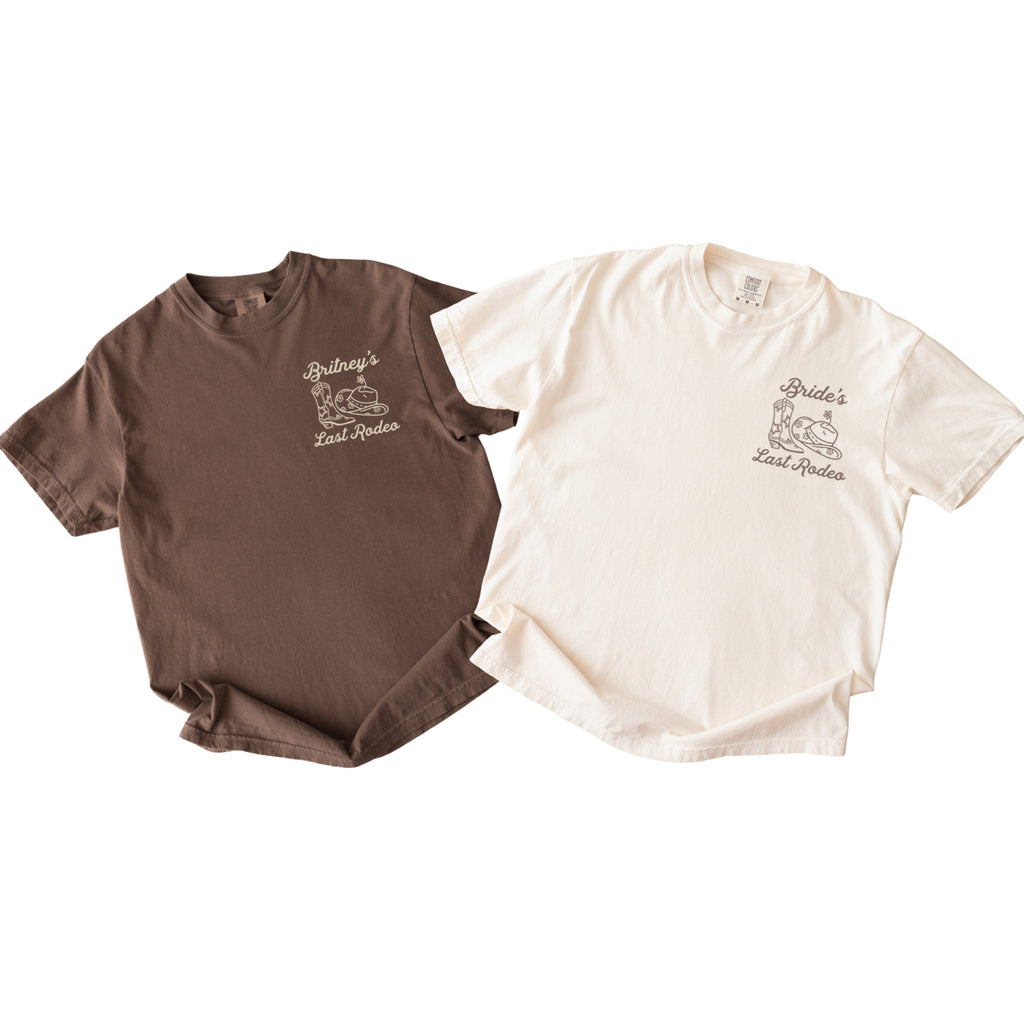 Two bachelorette t-shirts, one brown and one white, with a logo and text on a white background.