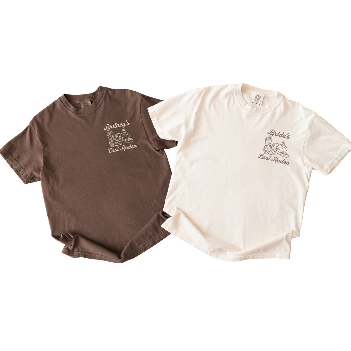 Two bachelorette t-shirts, one brown and one white, with a logo and text on a white background.