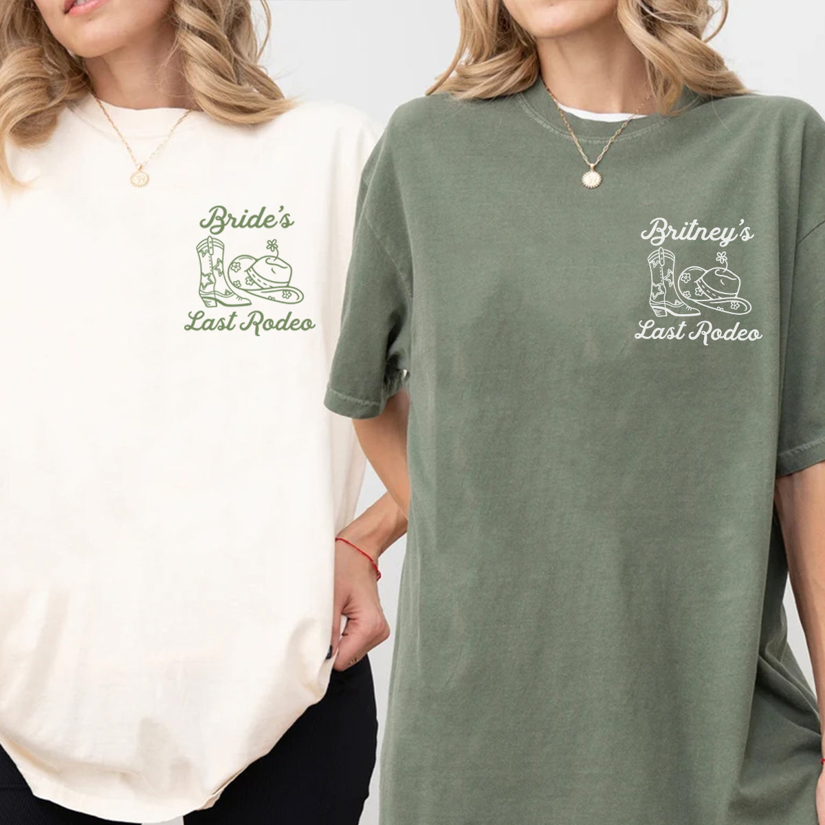 Two people wearing bachelorette t-shirts with 'Bride's Last Rodeo' and 'Britney's Last Rodeo' text.