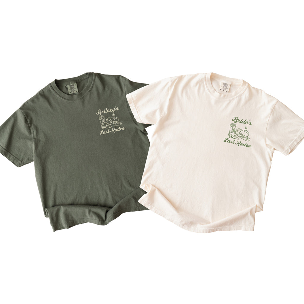 Two bachelorette t-shirts, one green and one white, with a printed design on a white background.