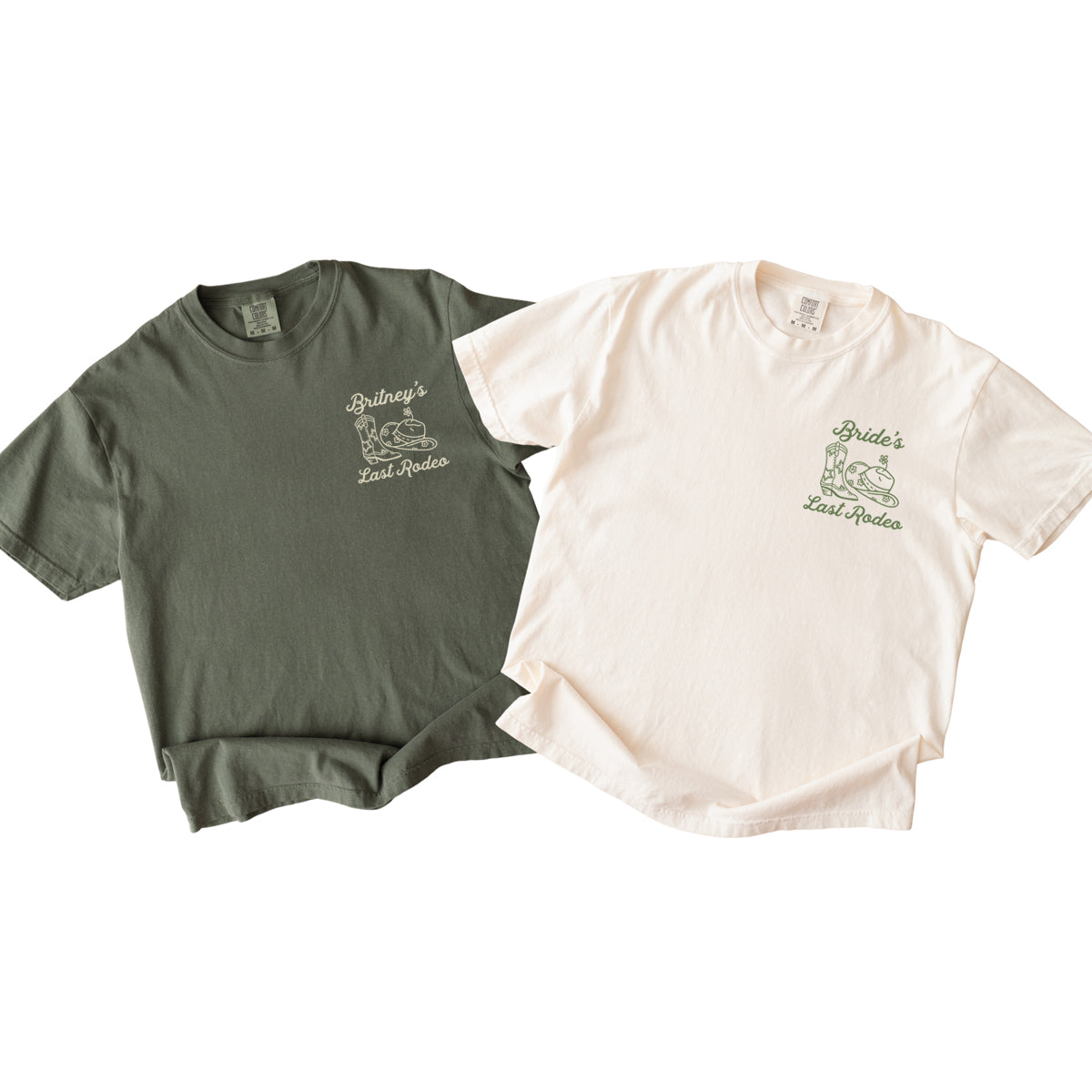 Two bachelorette t-shirts, one green and one white, with a printed design on a white background.