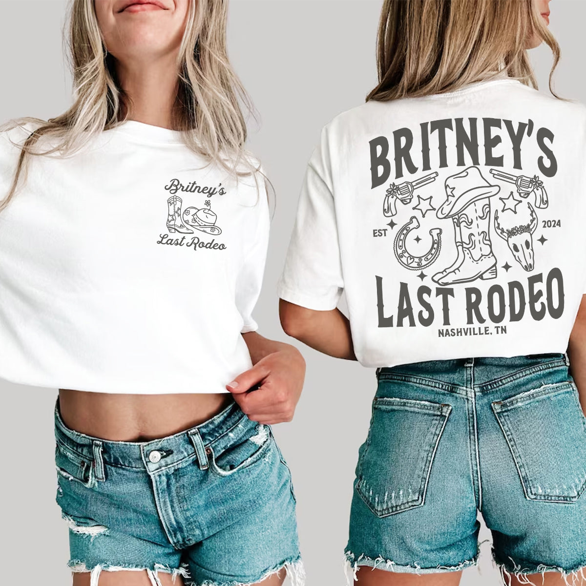 Two people wearing white bachelorette t-shirts with 'Britney's Last Rodeo' design, one front-facing and one back-facing.