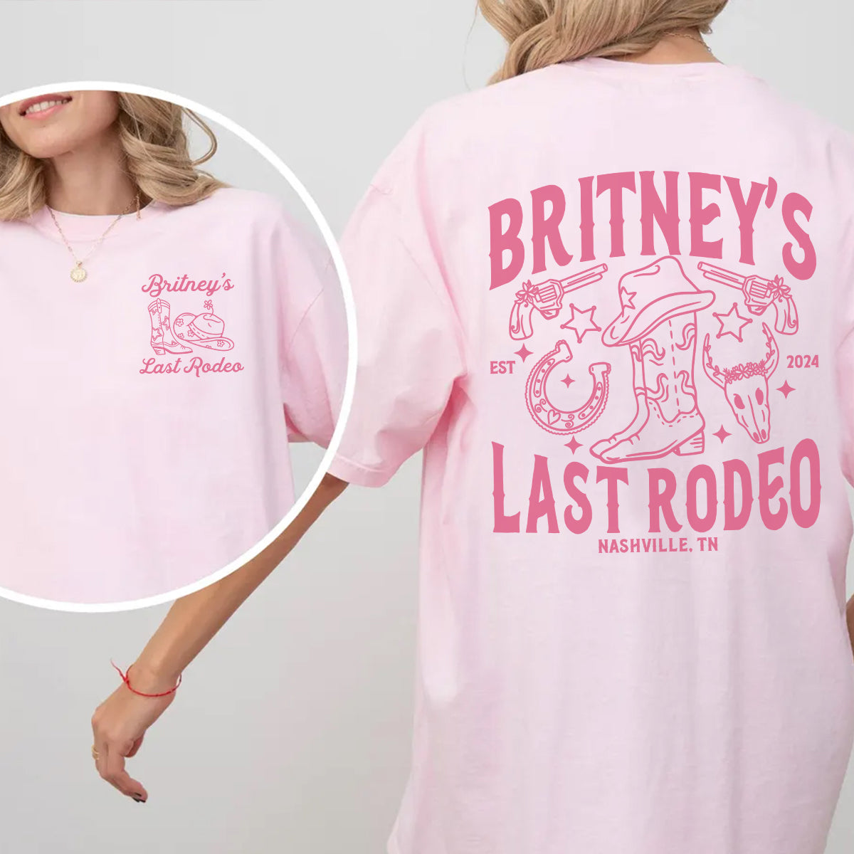 Pink bachelorette t-shirt with 'Britney's Last Rodeo' design on a plain background