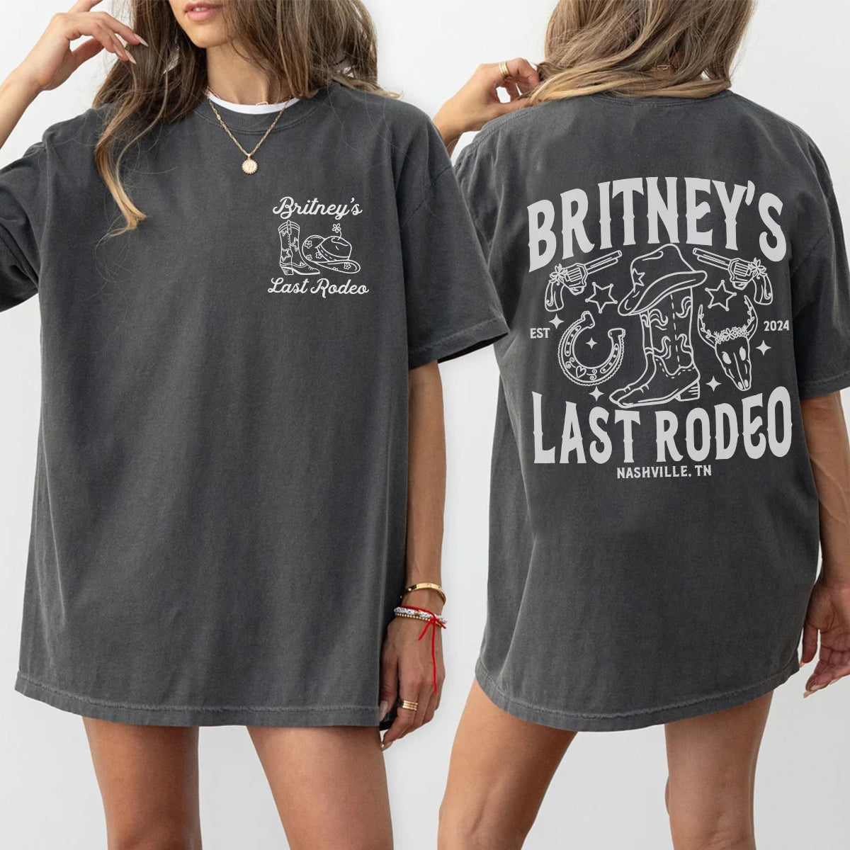 Gray bachelorette t-shirt with 'Britney's Last Rodeo' design on front and back worn by a person.