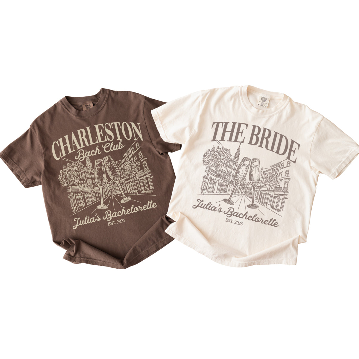 Two bachelorette t-shirts, one brown and one white, with 'Charleston Bitch Club' and 'The Bride' text on a white background.