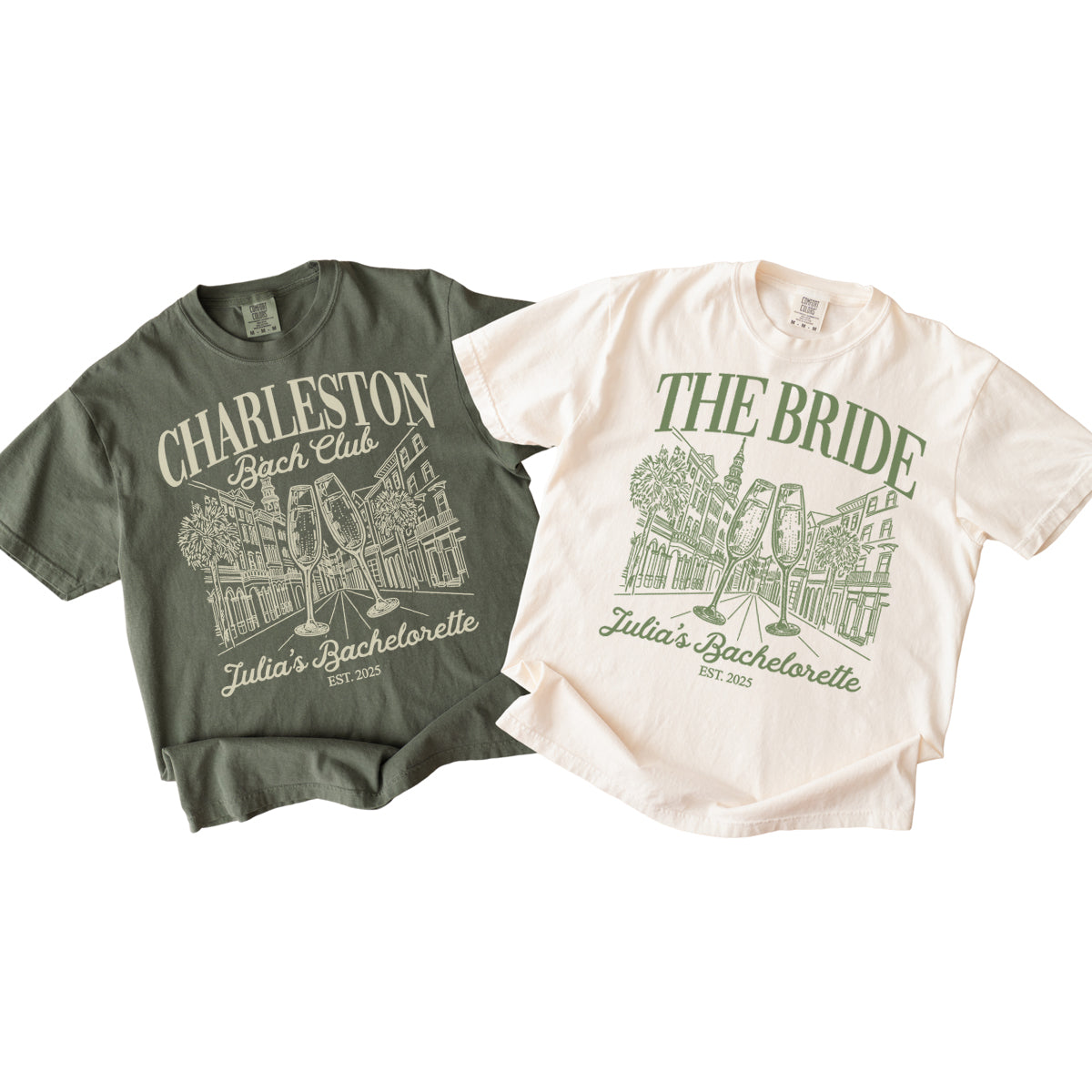 Two bachelorette t-shirts with 'Charleston Bitch Club' and 'The Bride' designs on a white background.
