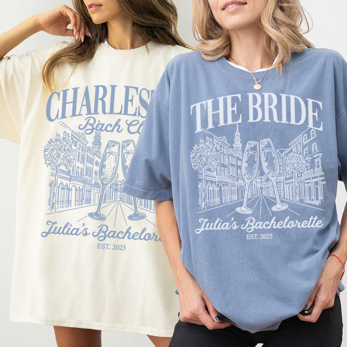 Two people wearing bachelorette t-shirts with personalized designs on a white background