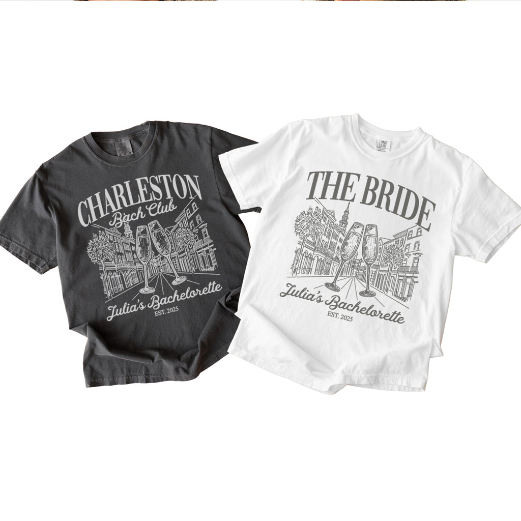 Two bachelorette t-shirts, one gray and one white, with 'Charleston Bitch Club' and 'The Bride' text design.