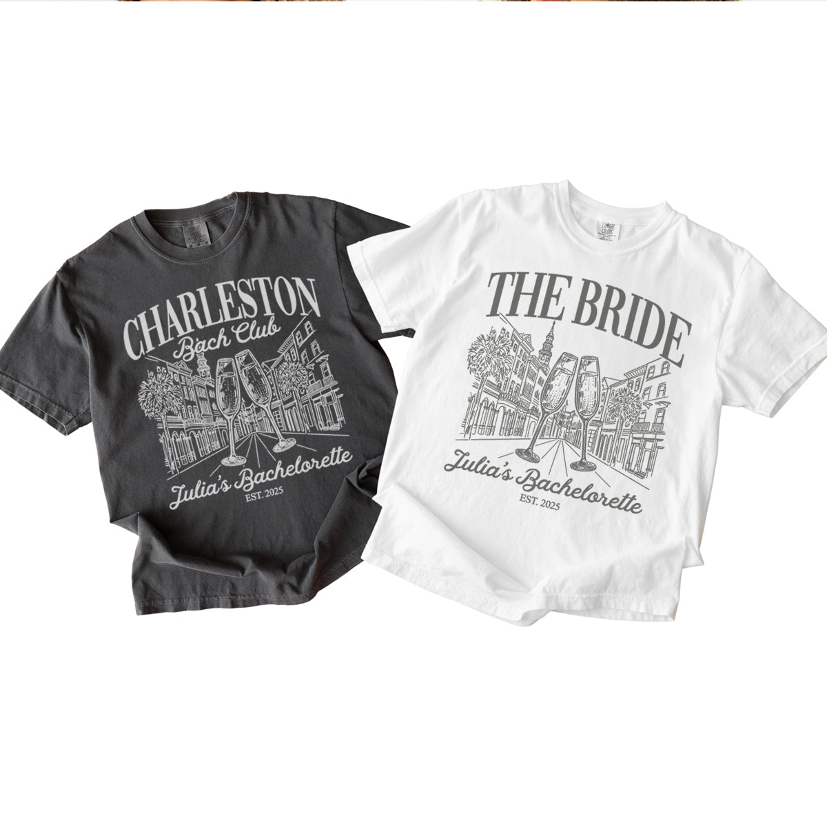 Two bachelorette t-shirts, one gray and one white, with 'Charleston Bitch Club' and 'The Bride' text design.
