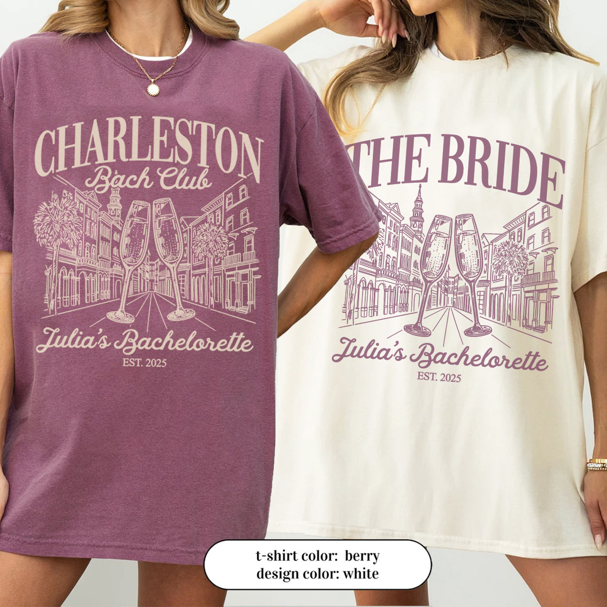Two bachelorette t-shirts with 'Julia's Bachelorette' design on a plain background