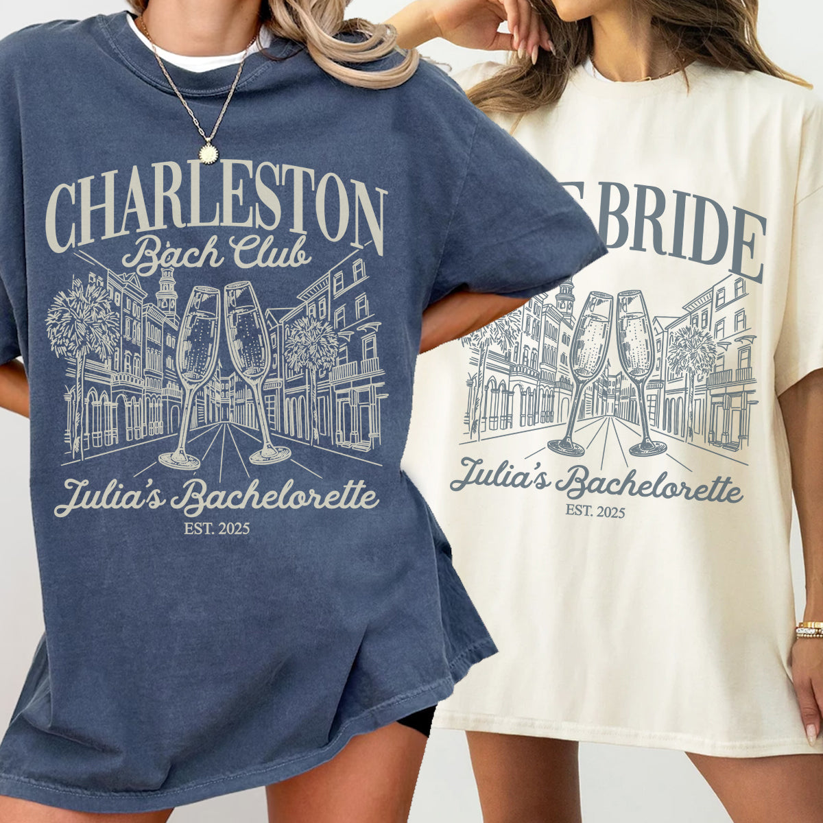 Two bachelorette shirts with 'Charleston Bachelorette' design, one blue and one white.