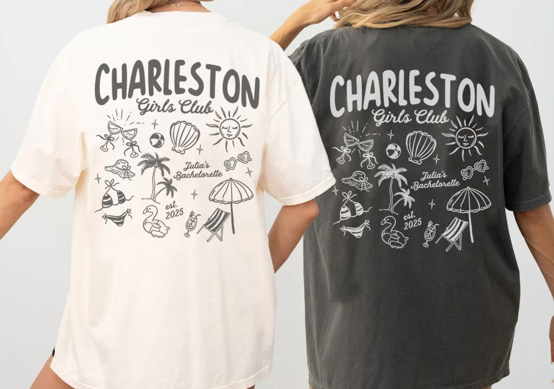 Two people wearing bachelorette t-shirts with 'Charleston Girls Club' design on the back.