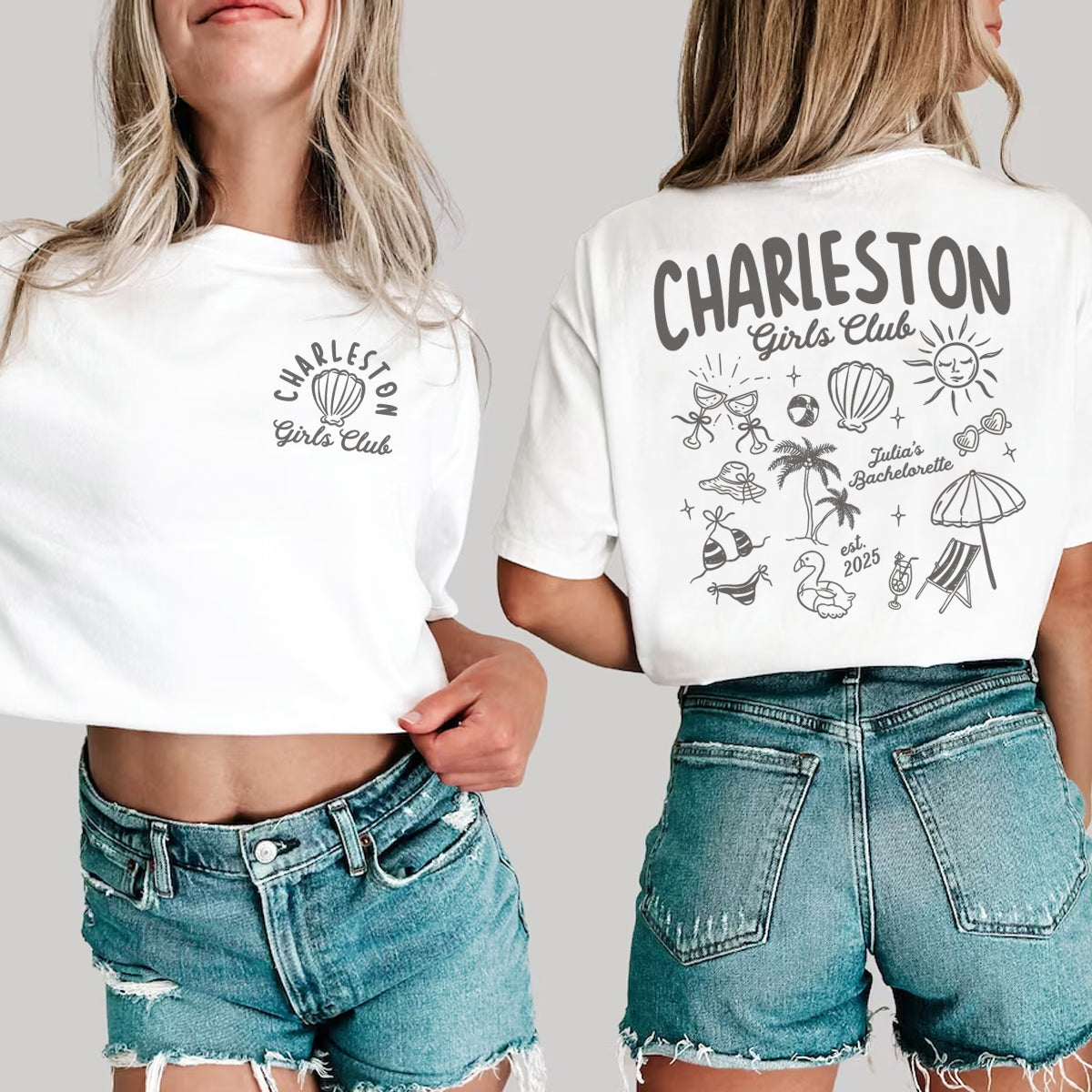 Two people wearing white bachelorette t-shirts with 'Charleston Girls Club' design on a plain background