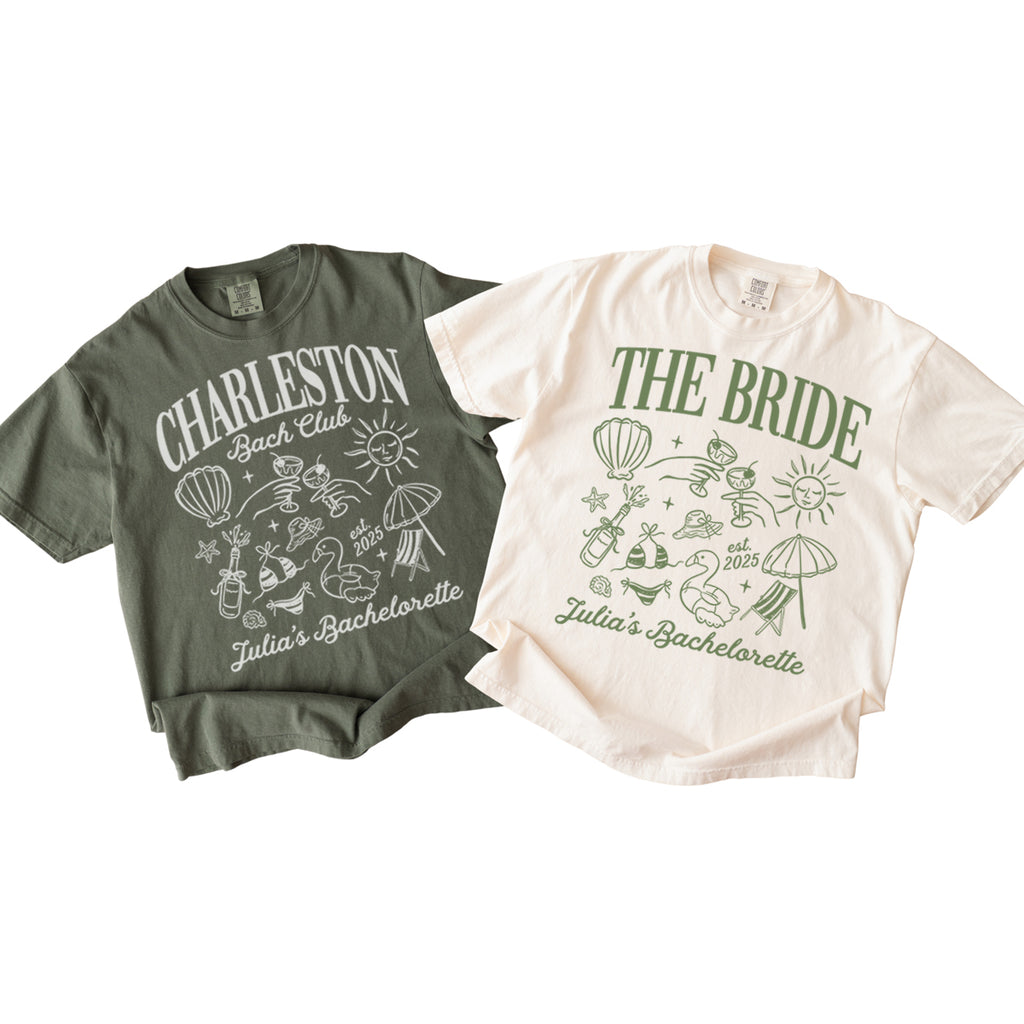 Two bachelorette t-shirts with 'Charleston Bachelorette' and 'The Bride' text on a white background