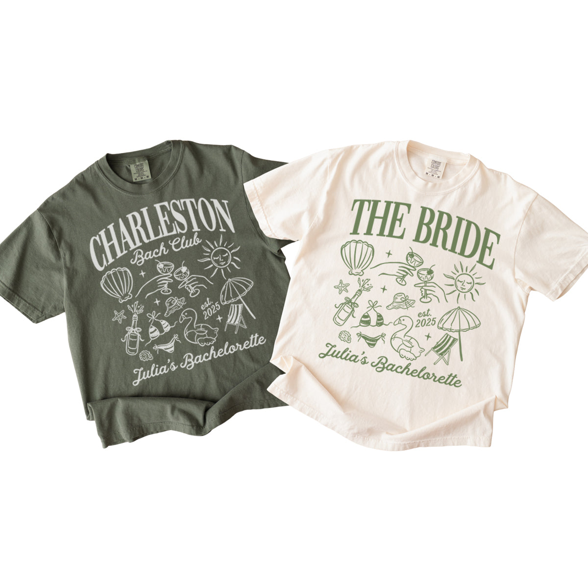 Two bachelorette t-shirts with 'Charleston Bachelorette' and 'The Bride' text on a white background