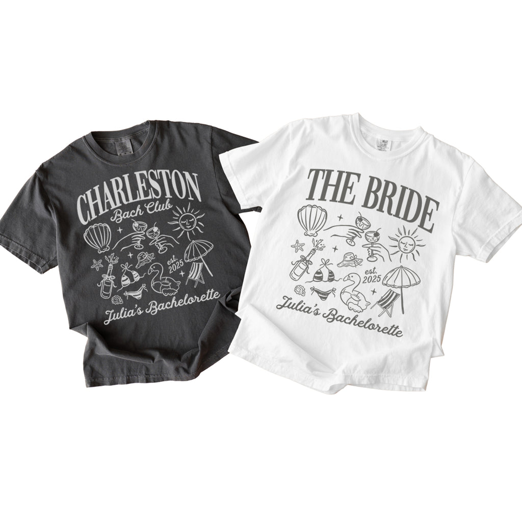 Two bachelorette t-shirts, one gray and one white, with bachelorette party-themed designs.