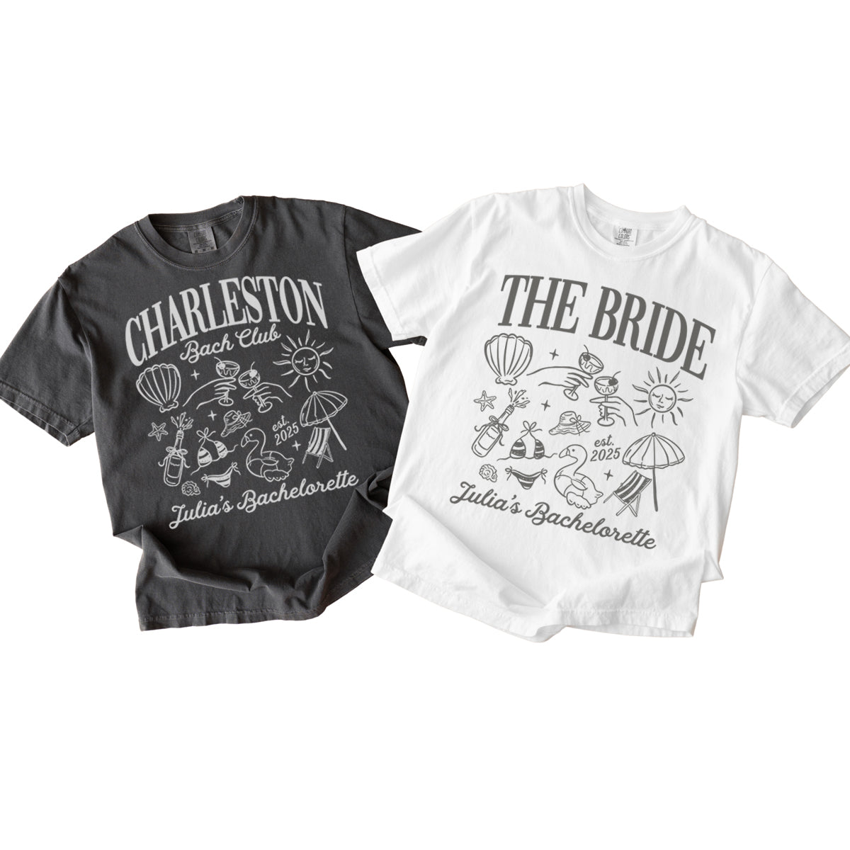 Two bachelorette t-shirts, one gray and one white, with bachelorette party-themed designs.