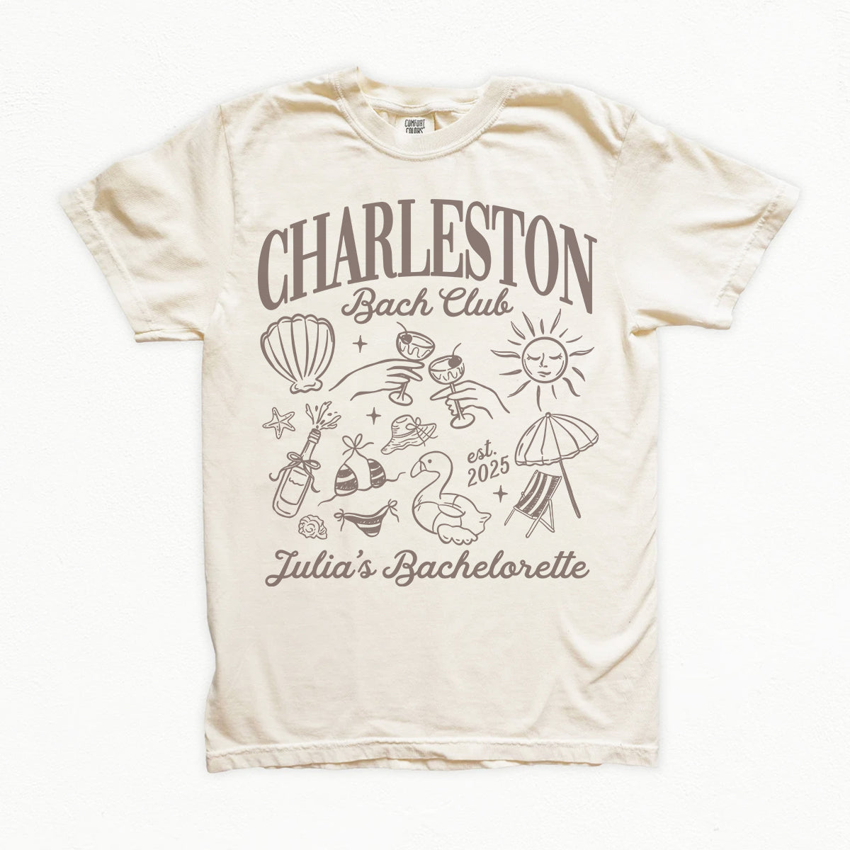 Beige bachelorette t-shirt with 'Charleston Bach Club' design on a white background
