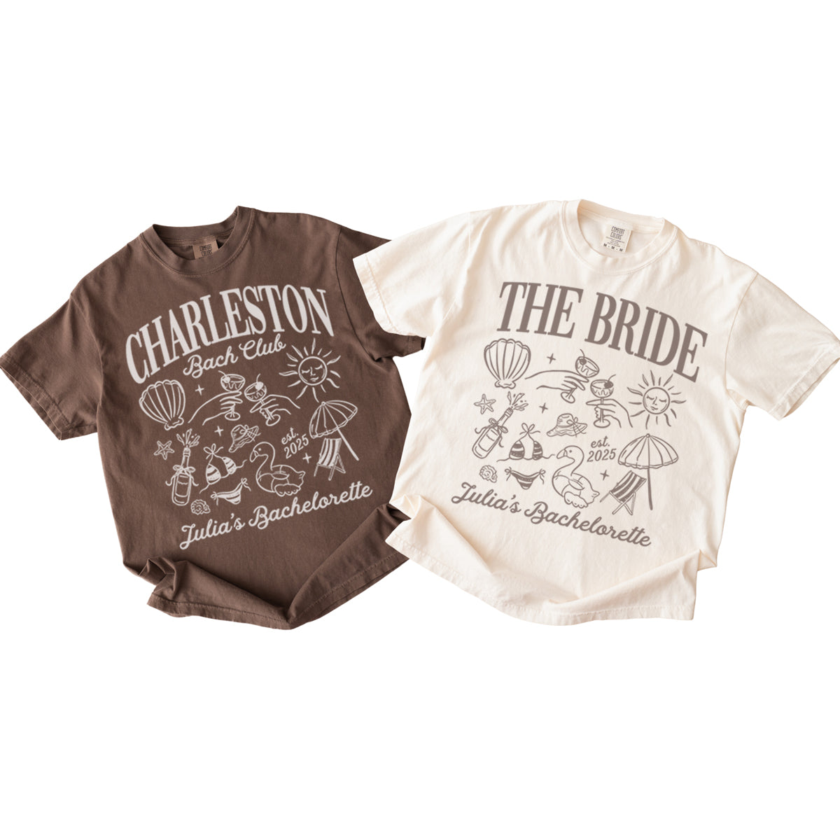Two bachelorette t-shirts with bachelorette party-themed designs on a white background