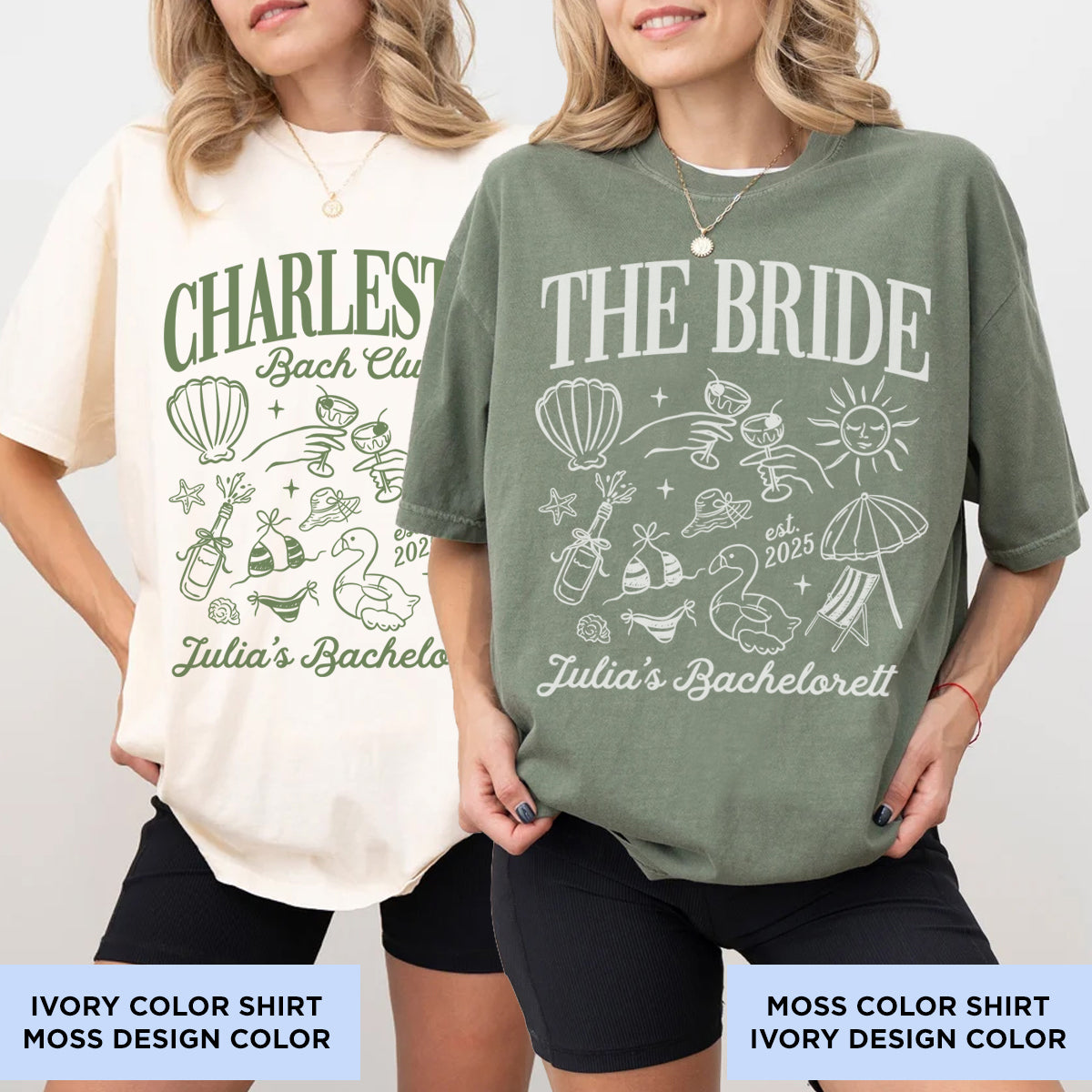 Two women wearing bachelorette t-shirts with 'The Bride' and 'Julia's Bachelorette' designs on a plain background.