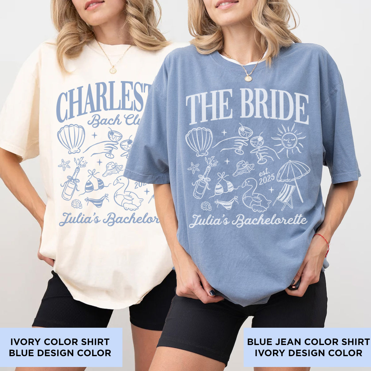 Two women wearing bachelorette t-shirts with 'The Bride' and 'Julia's Bachelorette' designs.