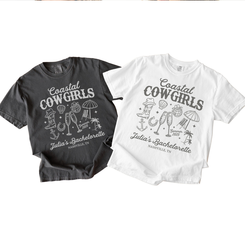 Two bachelorette t-shirts, one black and one white, with 'Coastal Cowgirls' design on a white background.