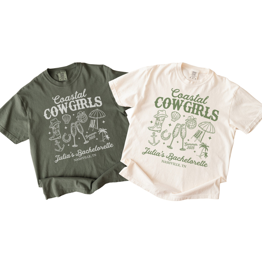 Two bachelorette t-shirts with 'Coastal Cowgirls' design on a white background