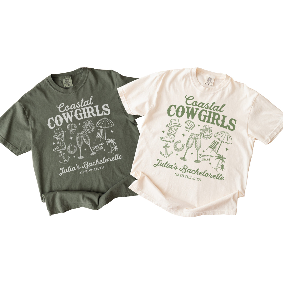 Two bachelorette t-shirts with 'Coastal Cowgirls' design on a white background