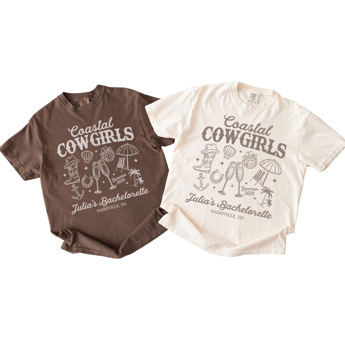 Two bachelorette t-shirts with 'Coastal Cowgirls' design on a white background