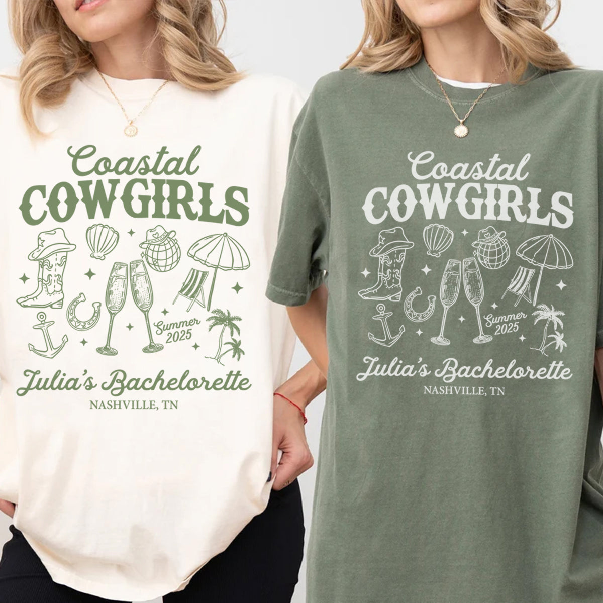 Two women wearing 'Coastal Cowgirls' themed bachelorette t-shirts with personalized text.