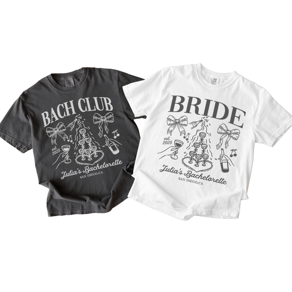 Two bachelorette t-shirts, one black and one white, with 'BACH CLUB' and 'BRIDE' text and graphics on a white background.