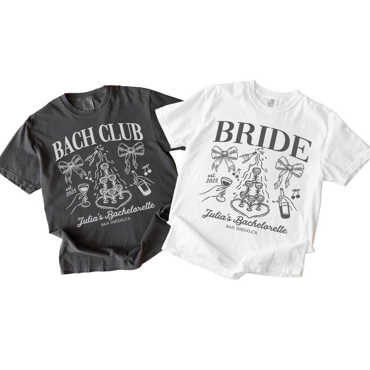 Two bachelorette t-shirts, one black and one white, with 'BACH CLUB' and 'BRIDE' text and graphics on a white background.