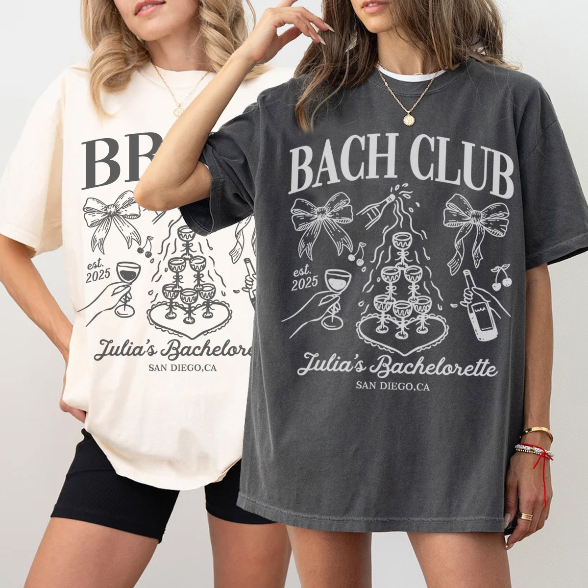 Two women wearing bachelorette t-shirts with 'BACH CLUB' design and personalized text.