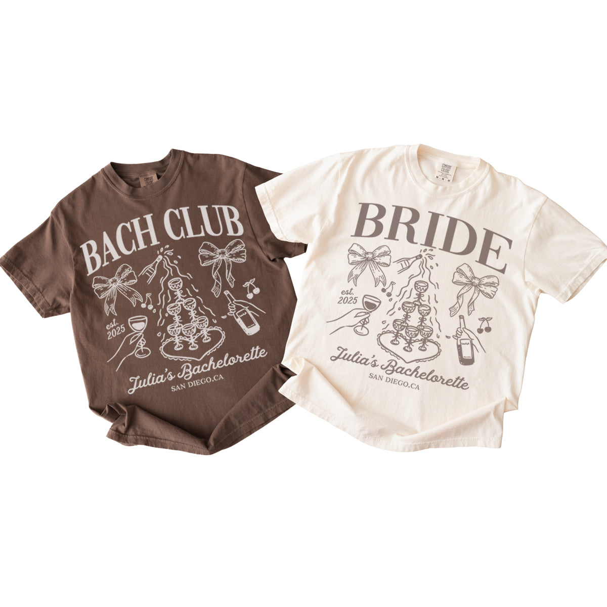 Two bachelorette t-shirts, one brown and one white, with 'Bach Club' and 'Bride' text and graphics on a white background.