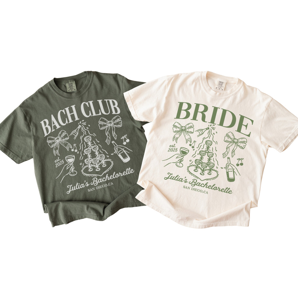Two bachelorette t-shirts, one green and one beige, with 'Bach Club' and 'Bride' text and graphics on a white background.