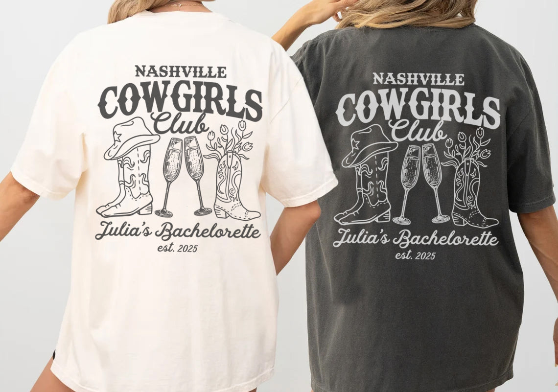 Two bachelorette t-shirts with 'Nashville Cowgirls Club' design on the back, one white and one gray.
